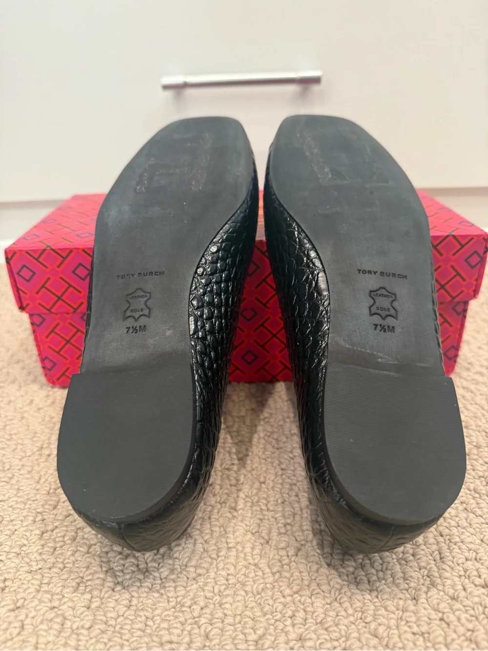Tory Burch Georgia Square-Toe Ballet Flats - Black Croc-Embossed Logo-NWOT, 7.5M